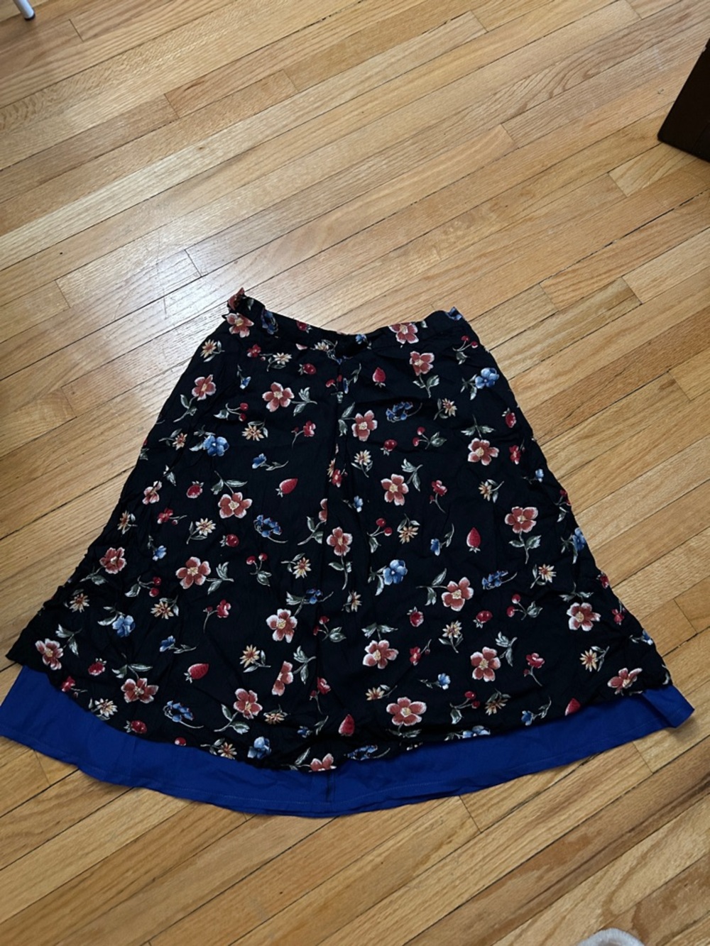 Floral A-Line Skirt in Black with Blue Hem